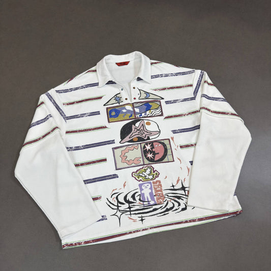 Fake Two-Piece Printed Striped Shirt Hoodie Trendy Versatile Top For Couples Men And Women
