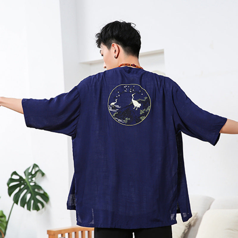 Men's Chinese Style Cotton And Linen Casual Embroidered Cardigan