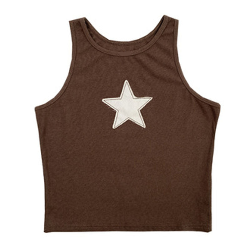 Embroidered Star Print Round Neck Sleeveless Top Vest