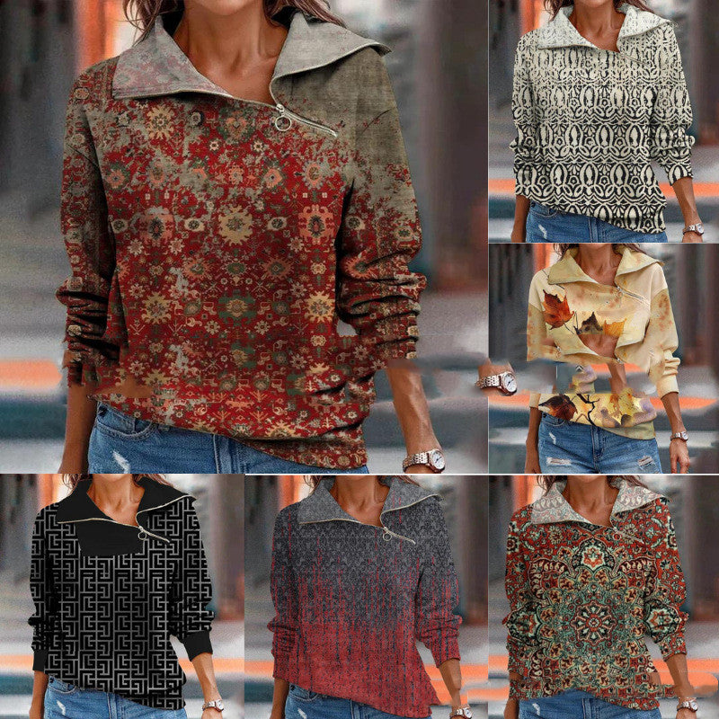 New Women's Digital Print Zippered Slanted Collar Loose Sweater