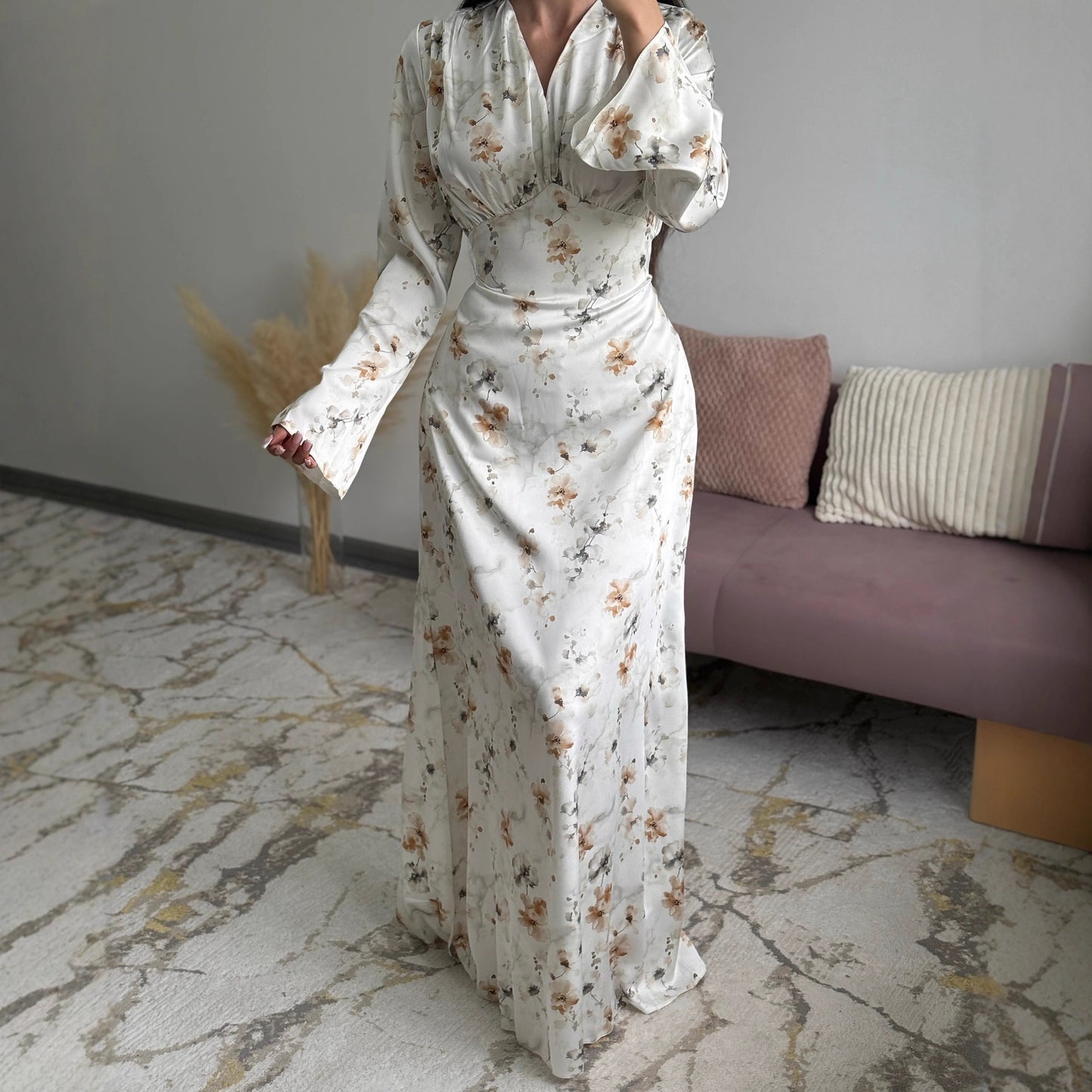 European And American Spring High-End French-Style V-Neck Satin Printed Maxi Dress
