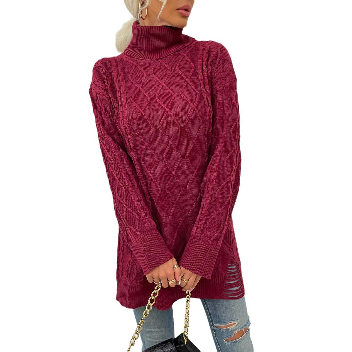 Womens Sweater Chunky-Knit Diamond-Pattern Sweater Dress