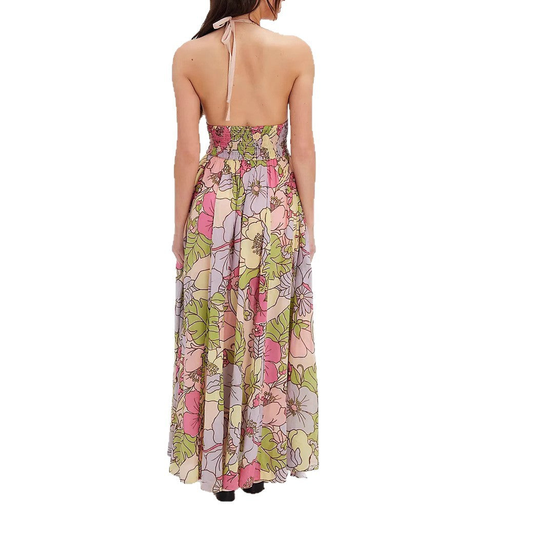 V-neck Resort-style Backless Sleeveless Printed Dress