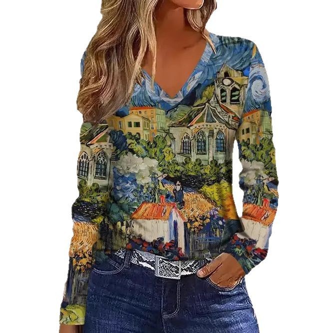 Fashionable Casual Geometric V-Neck Long-Sleeve Top For Women