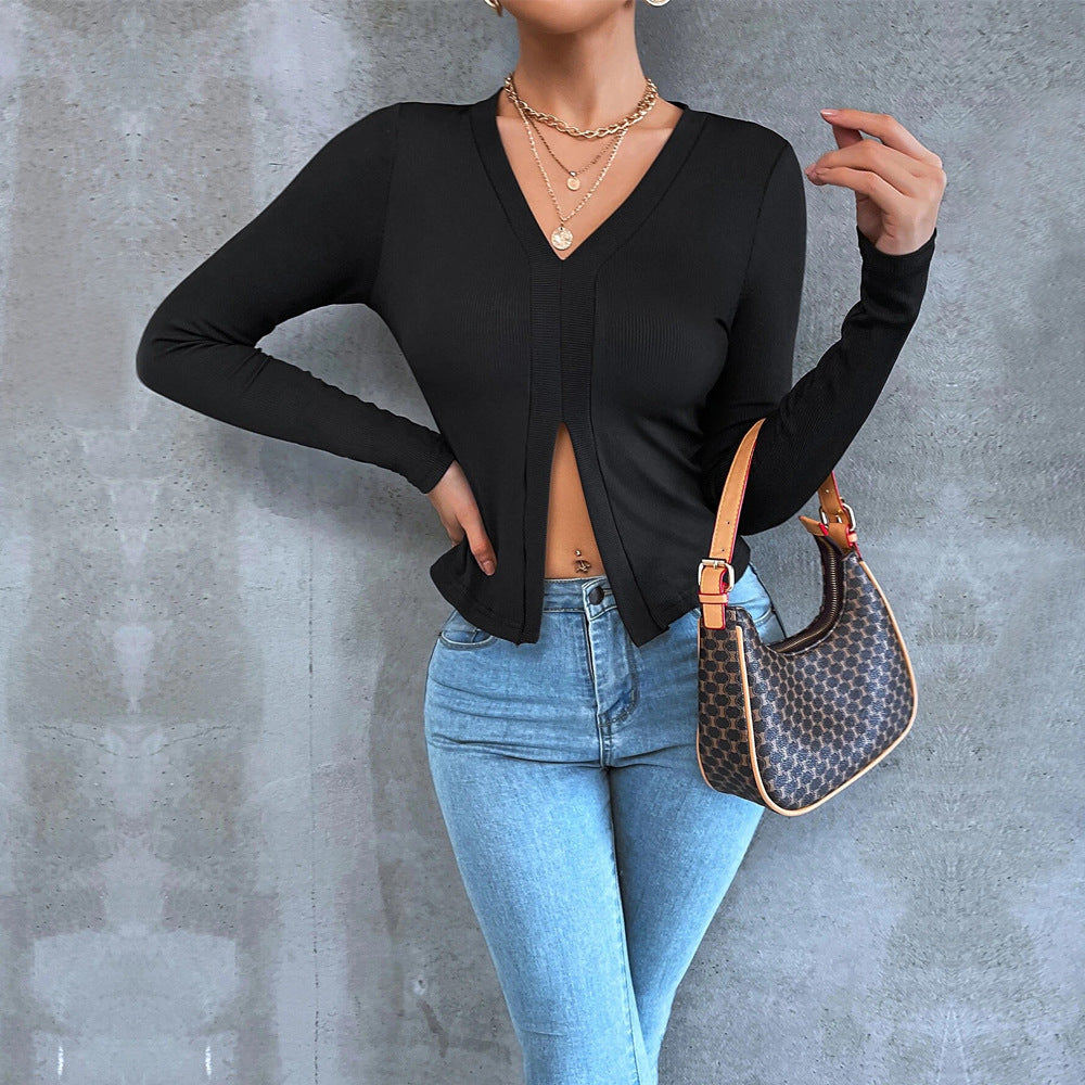 Casual Commuting Long Sleeve Slim Fit Cropped Split Neck Women's T-Shirt
