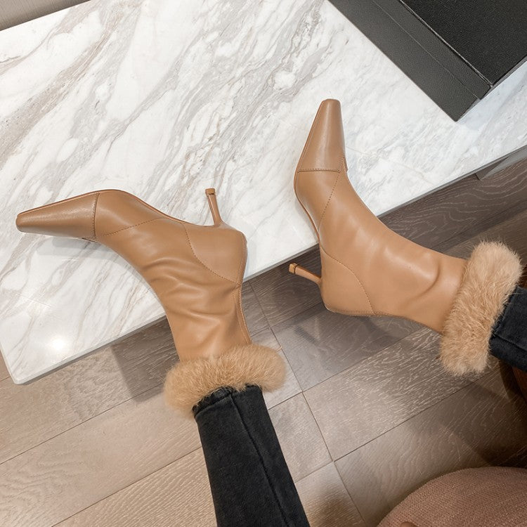 Top Layer Cowhide Rabbit Fur Skinny Boots Small Square Toe Stiletto Heel Stretch