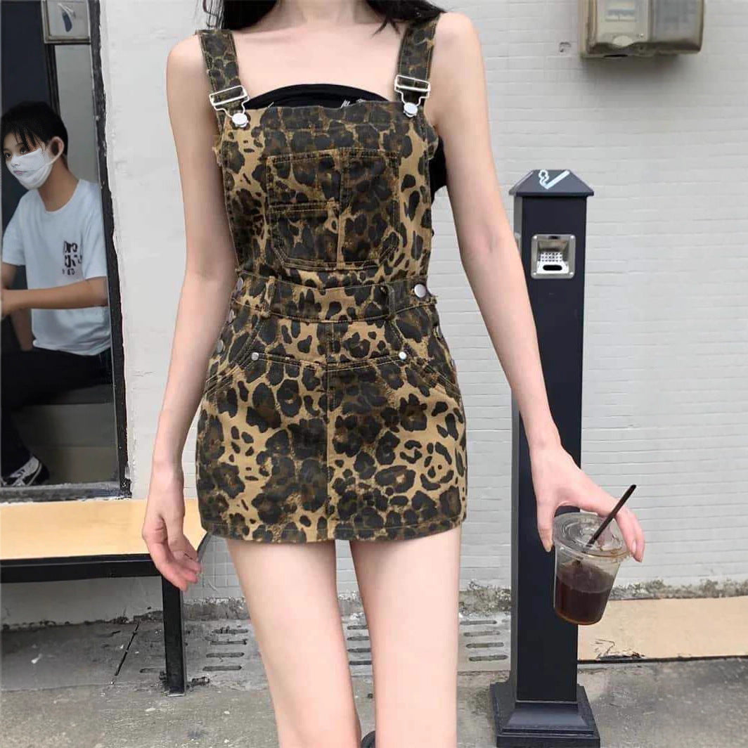 INS Leopard-print Denim Suspender Dress