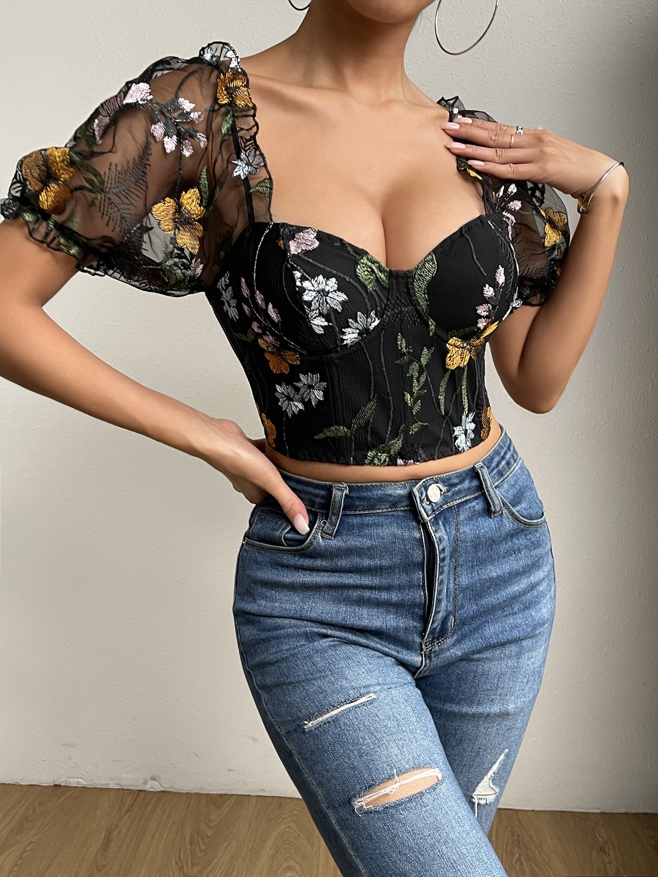 Net Yarn Flowers Embroidered Breasted Puff Sleeve Fishbone Short INS Top