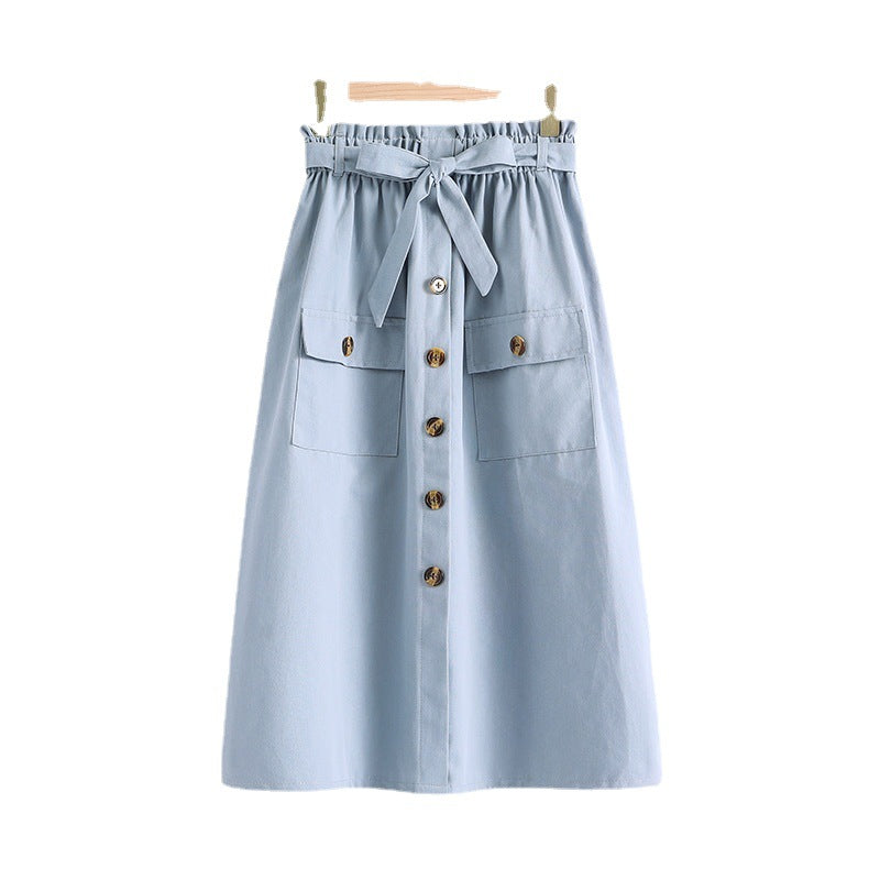 Summer New Artistic Solid Color Buttons Mid-length Skirt Mori Girl Elastic Waist Cotton And Linen A- Line Skirt