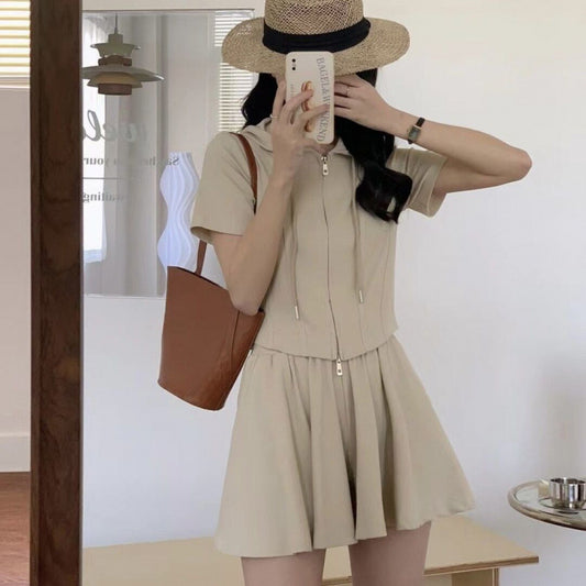 Stylish Commuter Design Hooded Two-Zipper Short-Sleeve Culotte Two-Piece Set