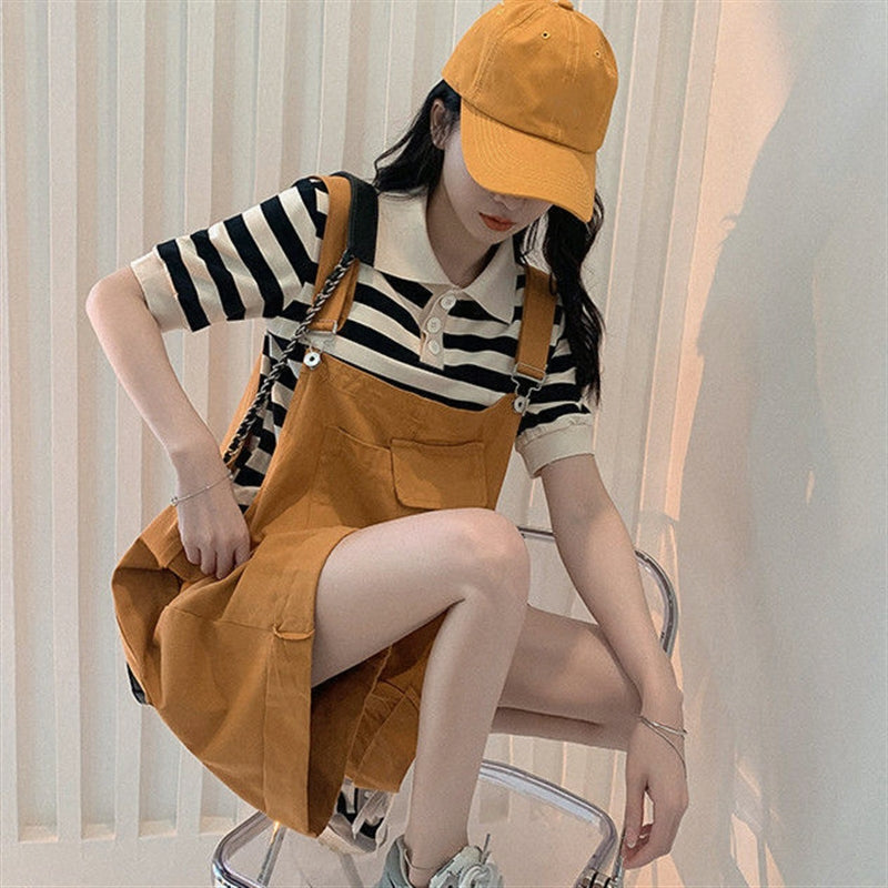 Suspender Shorts Women's Flanging Solid Color Cropped Pants