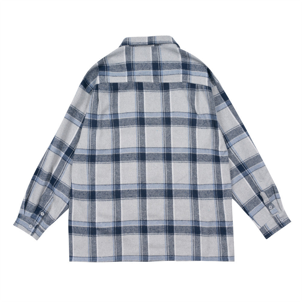 Plaid Men's Long-sleeved National Fashion Loose Pockets Stylish Shirt Coat