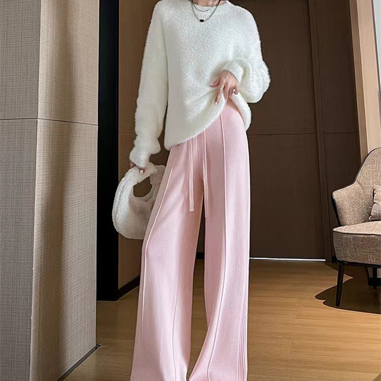 Sunken Stripe Knitted Wide Leg Women's Straight-leg Pants