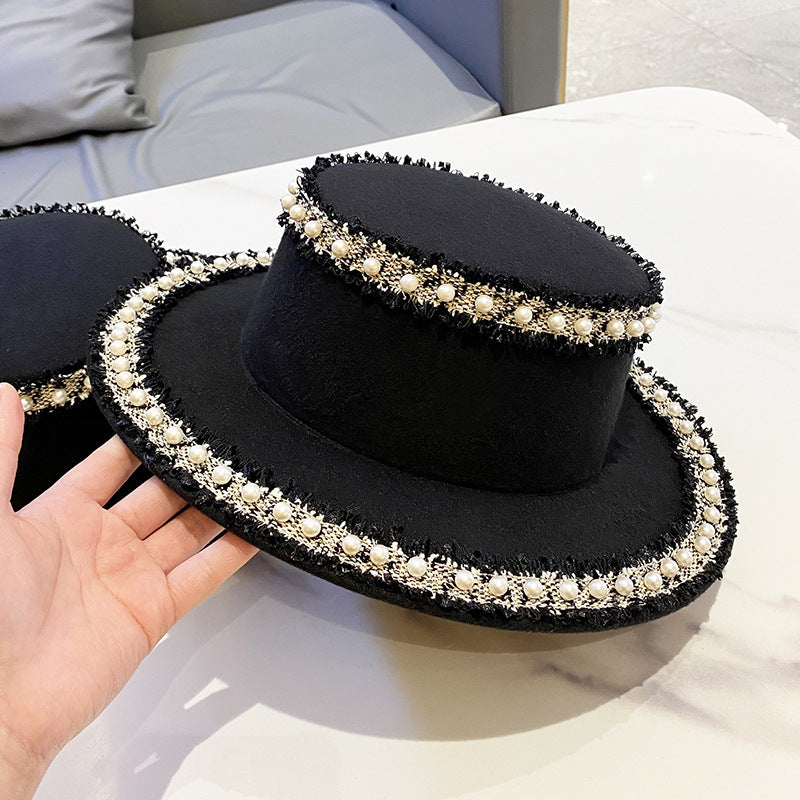 Woolen Hat Women's Flat Pearl Top Hat Bucket Hat
