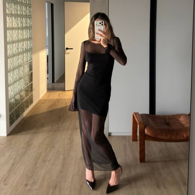 Elegant Womens Long-sleeve Mesh Dress With A Double-layer Design