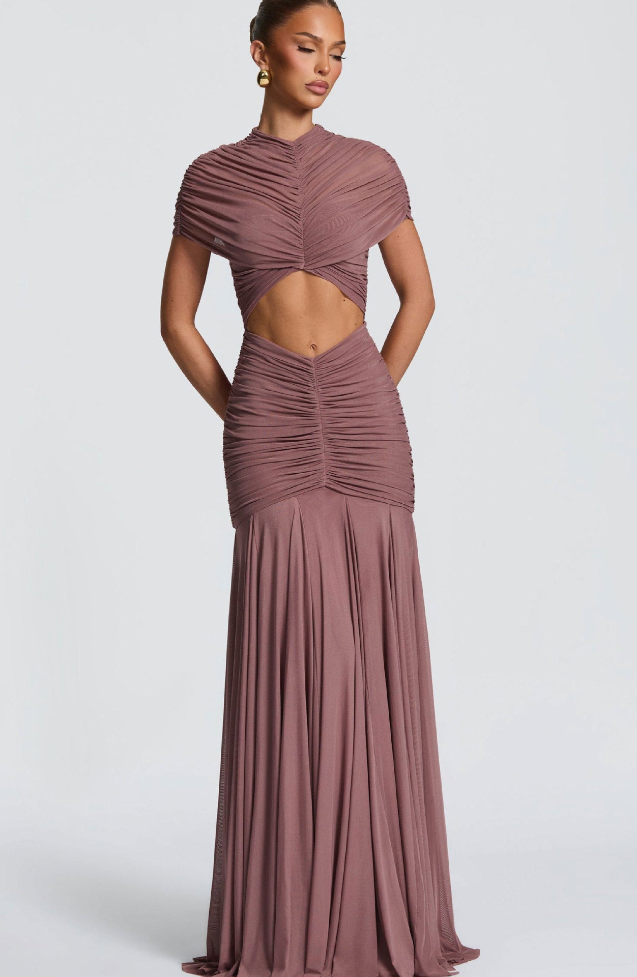 Pleated Cutout Figure-hugging Dress With A High Waist And 3D Detailing