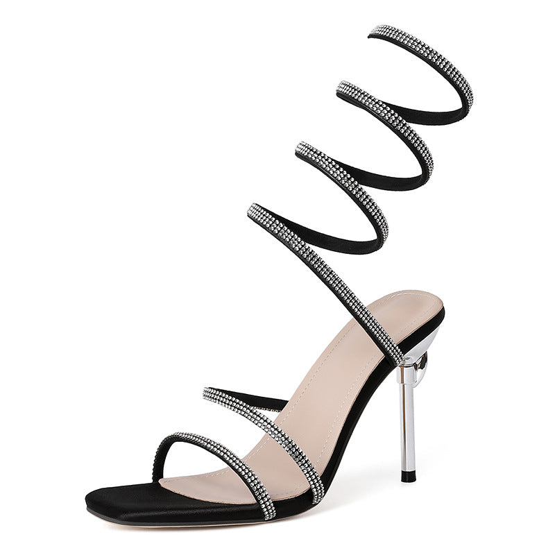 Rhinestone Snake-shaped Winding Tape Hollow Stiletto Heel High Heel Sandals