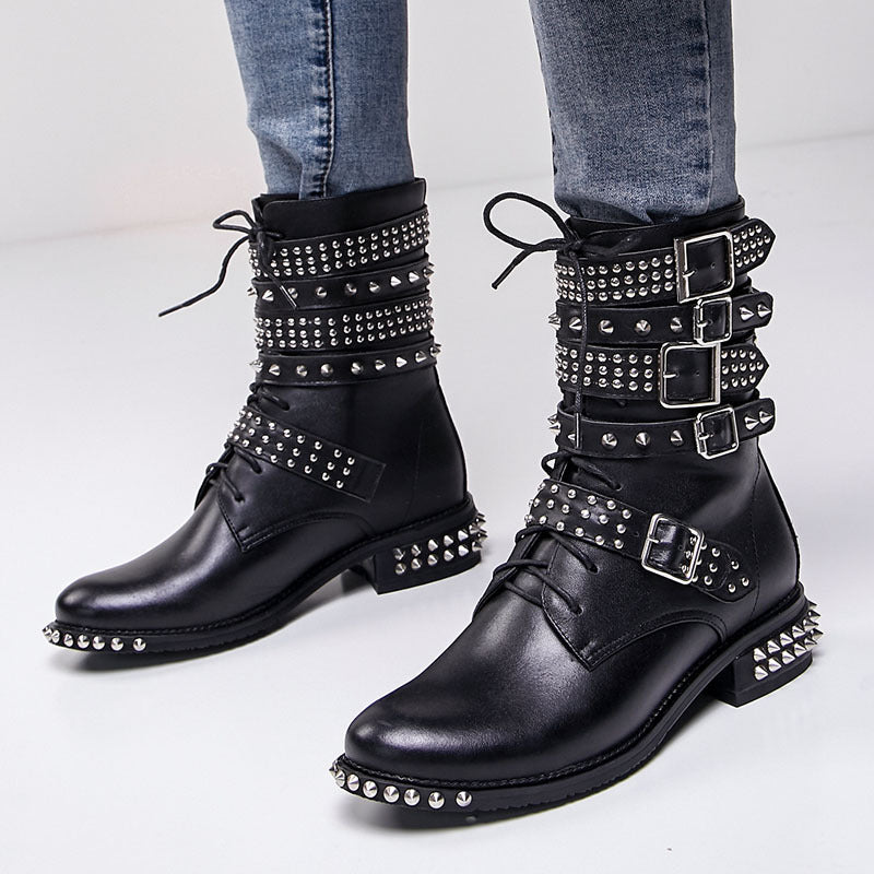 Women's Fashion Round Toe Stud Lace Up Martin Boots