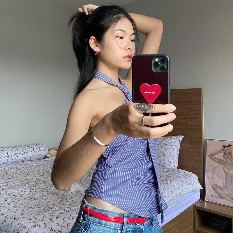 Irregular Striped Printed Tie Design Halter Vest