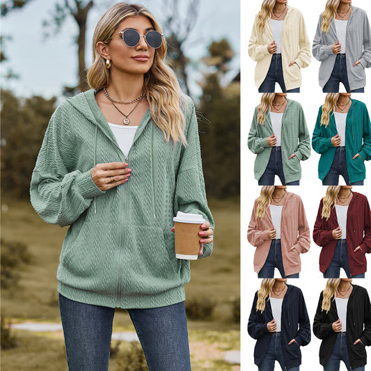 Women's Fashion Solid Color And V-neck Zipper Loose Sweater Coat