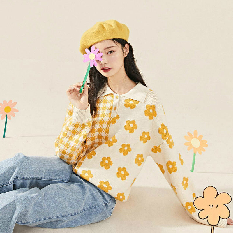 New Polo Doll Collar Cropped Knitted Sweater Women's Top