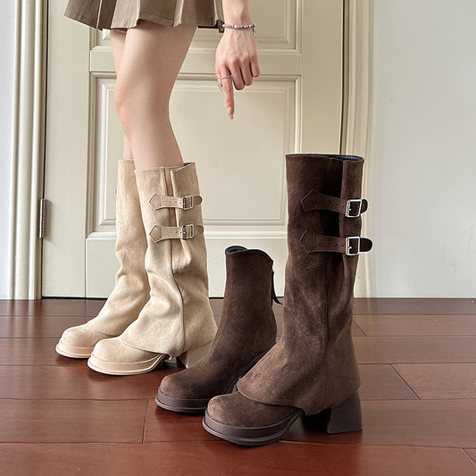 Removable Pile Style Boots Thick High Heel Platform High Leg Boot