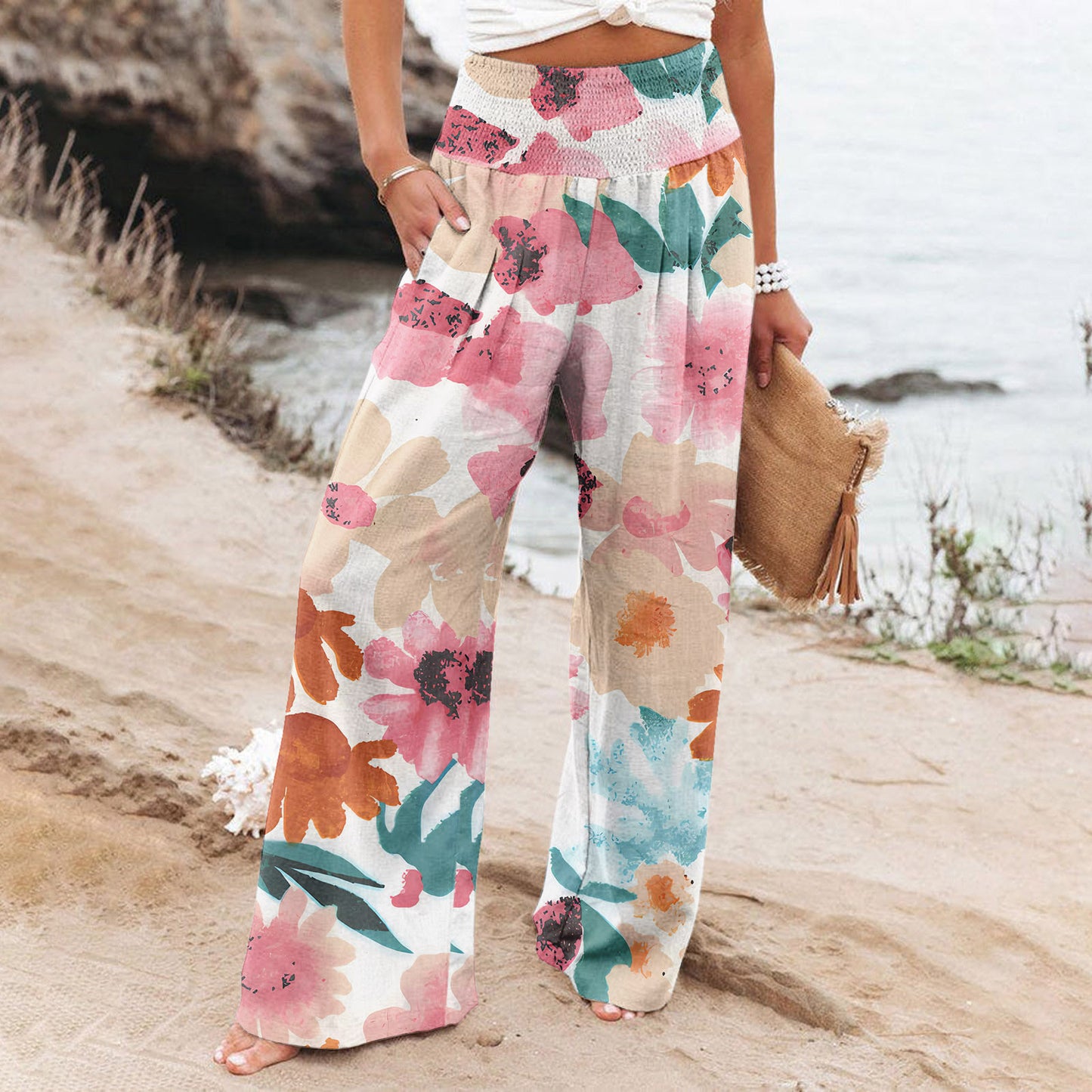 Women's Casual Wide-leg Cotton And Linen Printed Loose Trousers