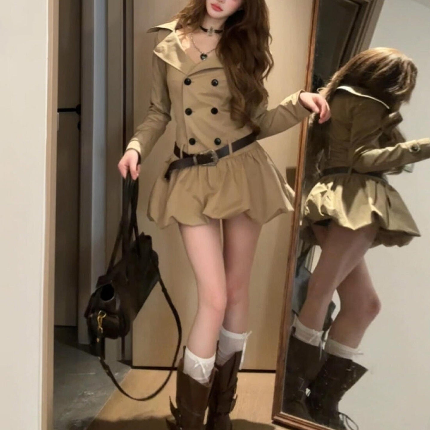 Korean-style Preppy Merlot Long-sleeve Dress