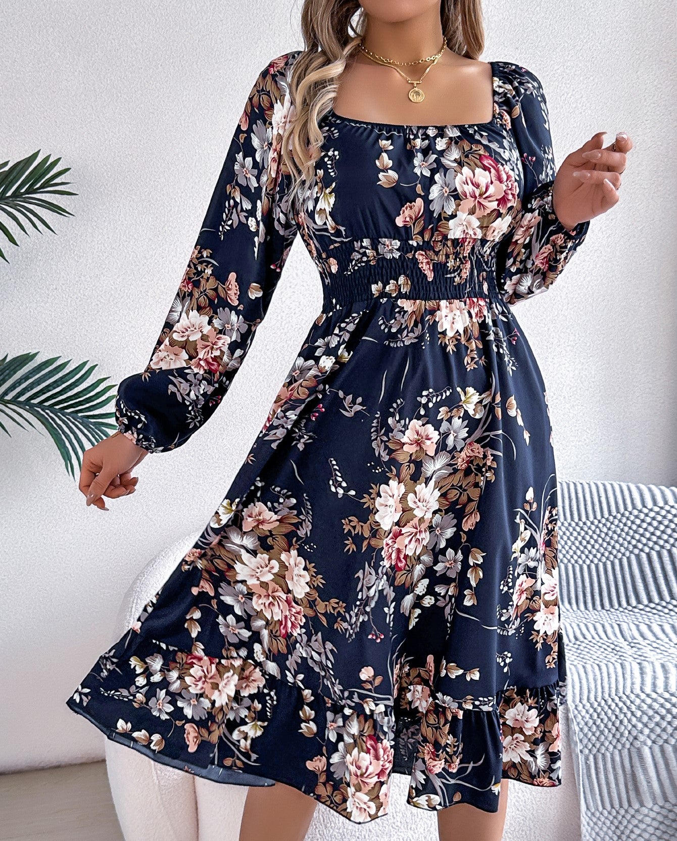 Women's Elegant Floral Print Square Neck Long Sleeve Tie Waist Ruffle A-Line Dress