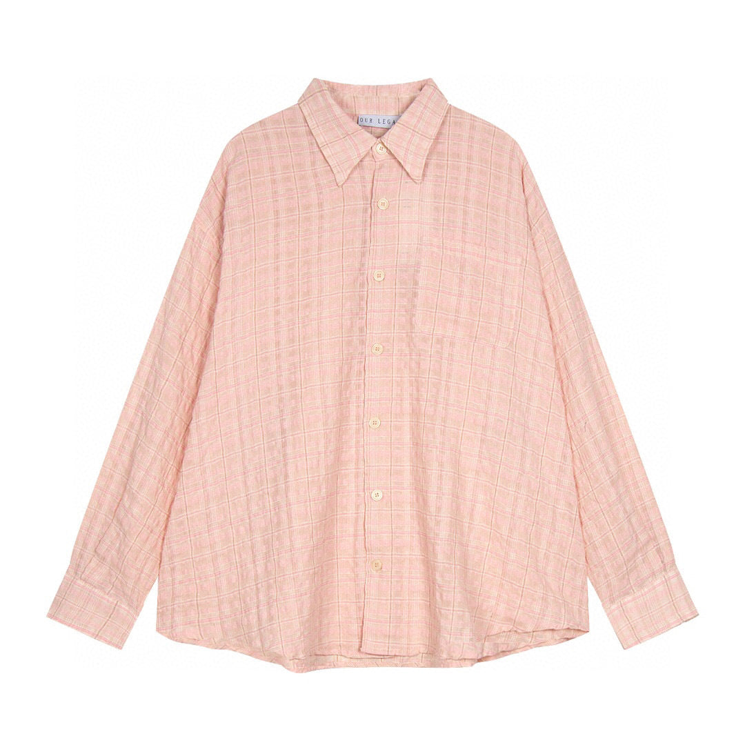 Pleated Seersucker Shirt Casual Loose Outline Plaid Long Sleeve