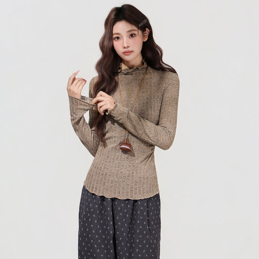 Women's Brown Semi-high Neck Ruffled Waist-cinching Long-sleeved Base Shirt