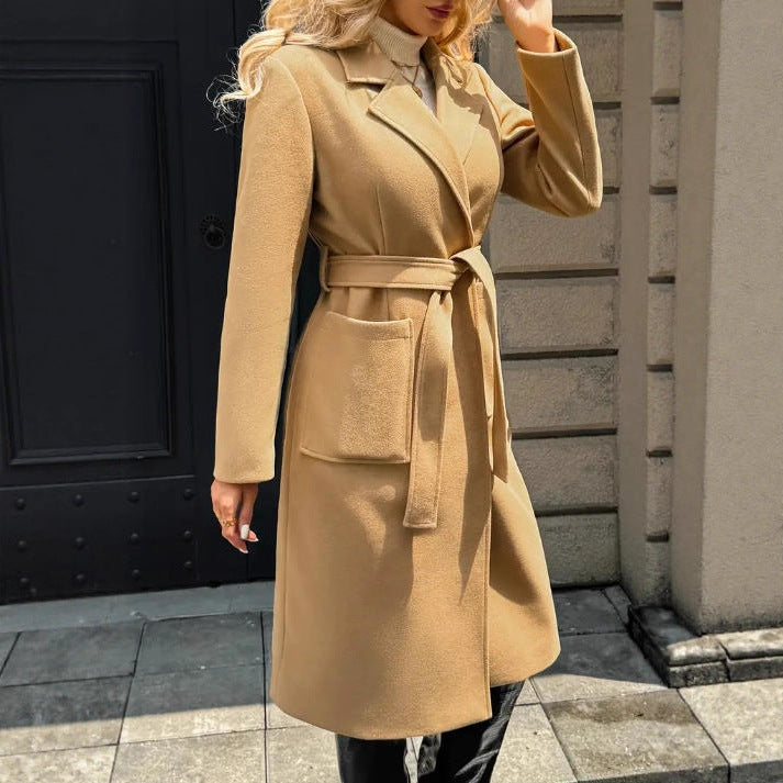 Women's Woolen Simple Lace Waist-tied Coat