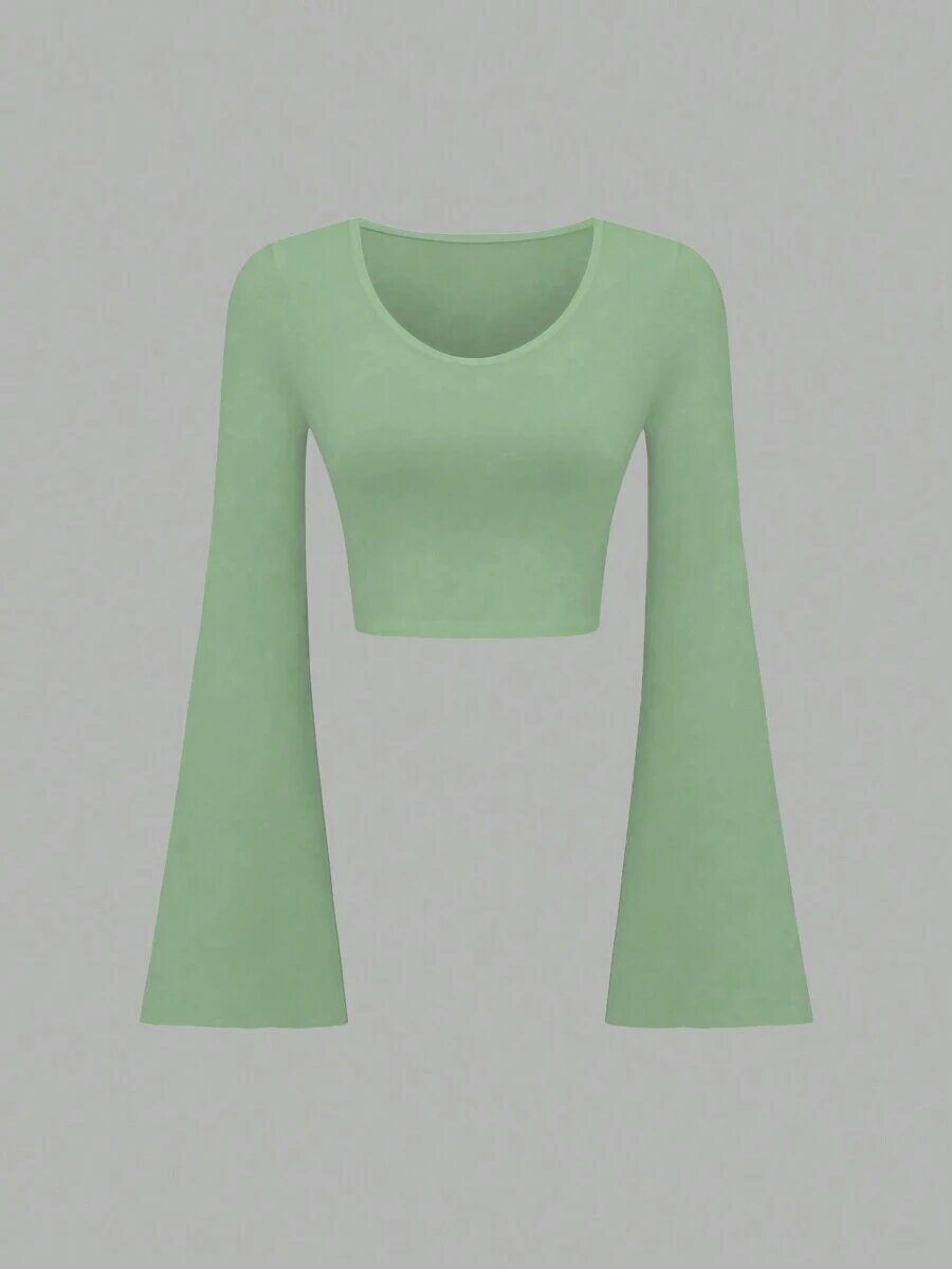 Fashion Solid Color Scoop Bell Sleeve Short Slim Fit Slimming T-shirt