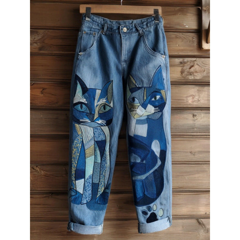 New 3D Heat-transfer Printed Flared Jeans-style Trousers In Faux Denim