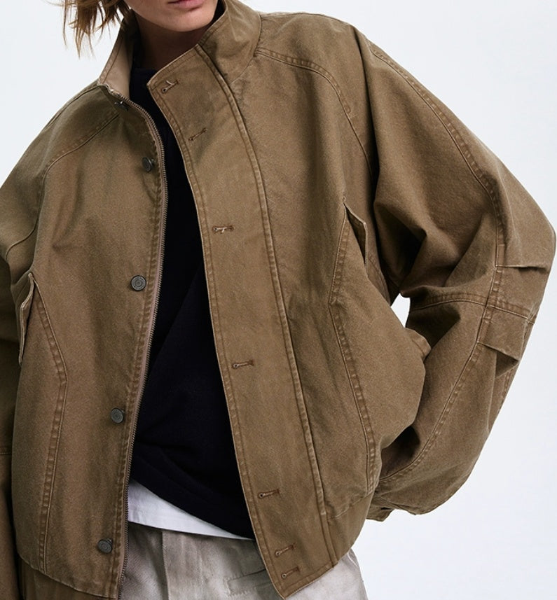 American Barn Style Color Block Leather Collared Jacket
