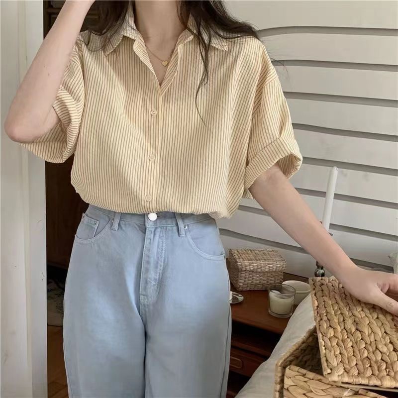 Women's Short-sleeve Blue Striped Shirt