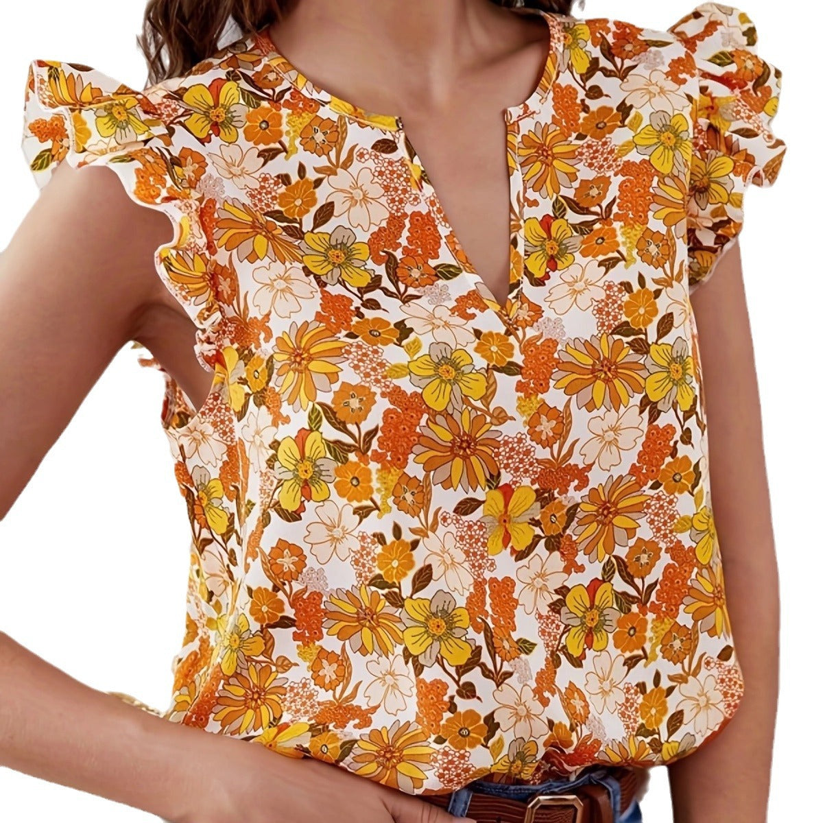 Temperament Commute Loose Casual Ruffle Sleeve Floral Blouse