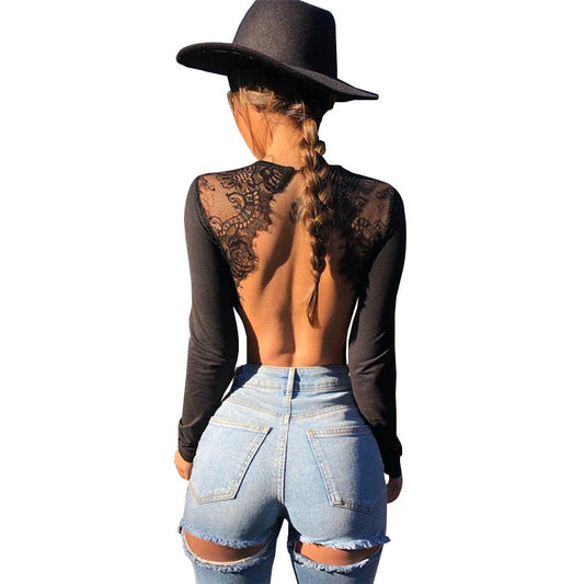 Open-back lace stitching long-sleeved jumpsuit
