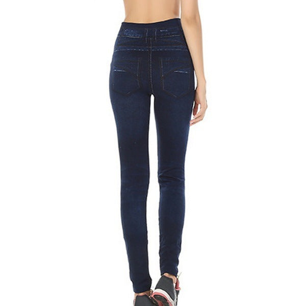 Leggings i denimlook med print, sømløse sportsbukser med knaphul