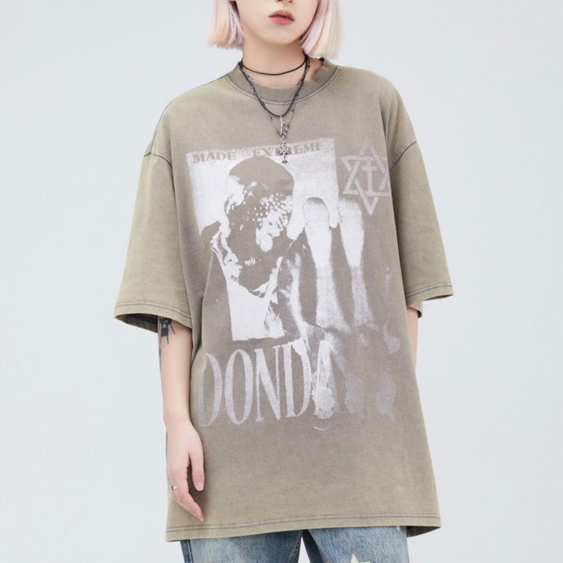 Printed Washed And Worn Loose Short Sleeve T-shirt