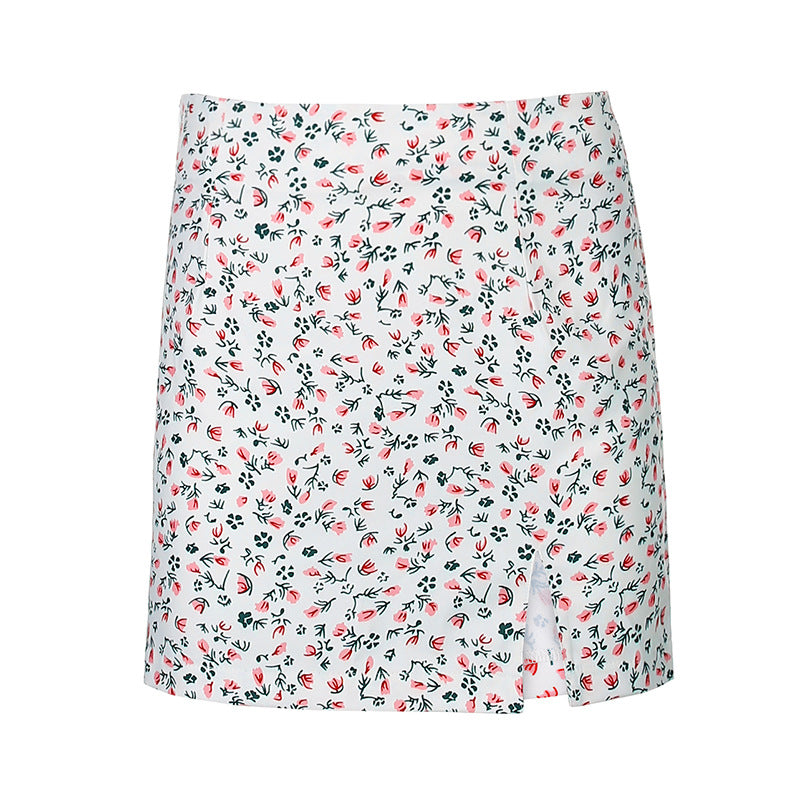 Ensidet slids Asymmetrisk blomstret kort nederdel til kvinder Højtaljet tynd A-formet nederdel