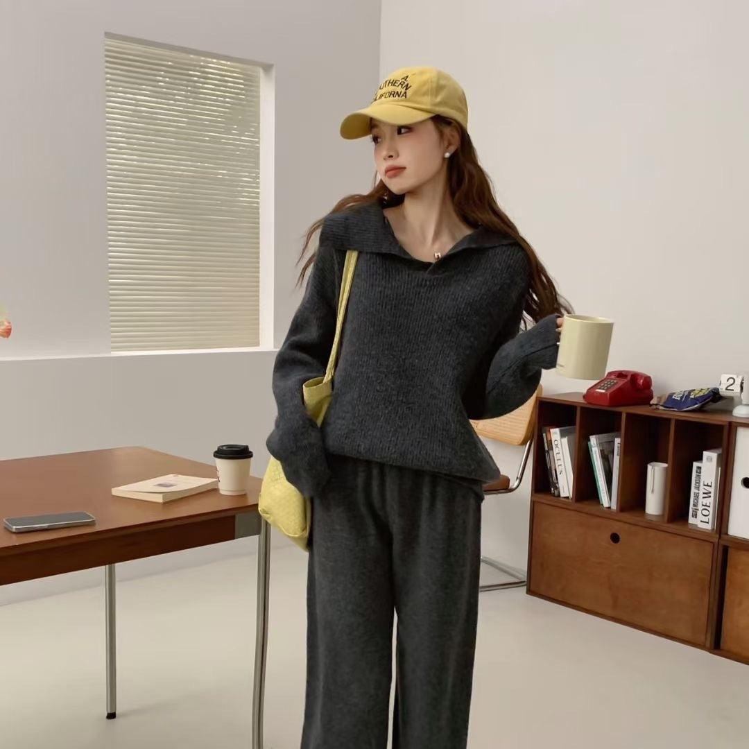 Women's High-grade Lapel Sweater Wide-leg Pants Suit