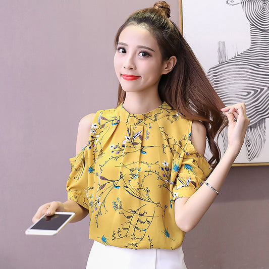Summer Off-the-shoulder Top Half Sleeve Floral Chiffon Shirt Short Sleeve