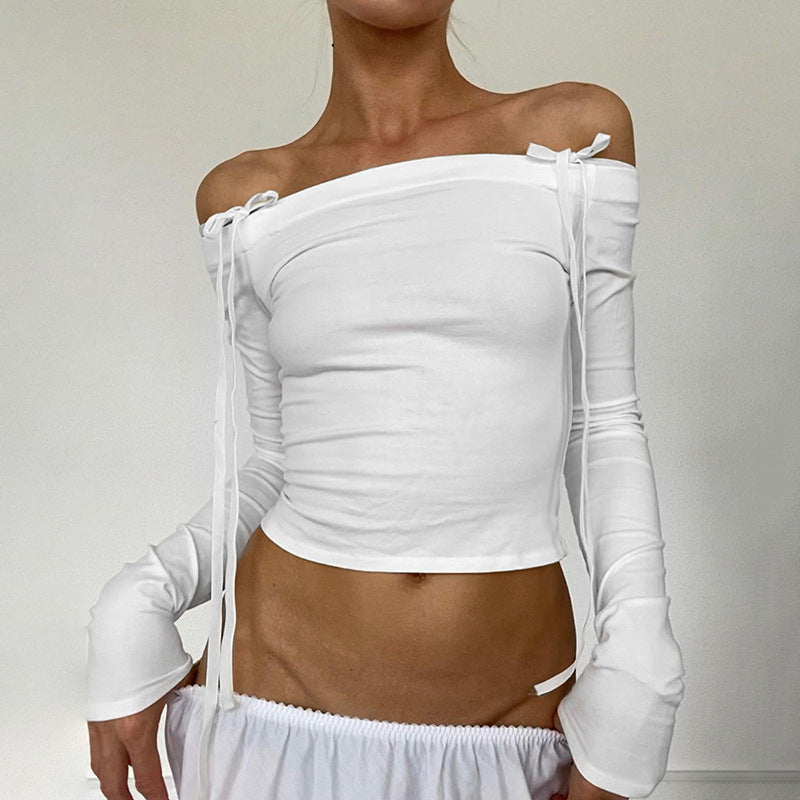 Pure Desire Style Lace-up Bow Off-shoulder Long Sleeve Backless Sexy Top Women's Clothing