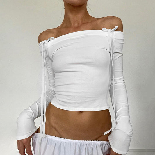 Pure Desire Style Lace-up Bow Off-shoulder Long Sleeve Backless Sexy Top Women's Clothing
