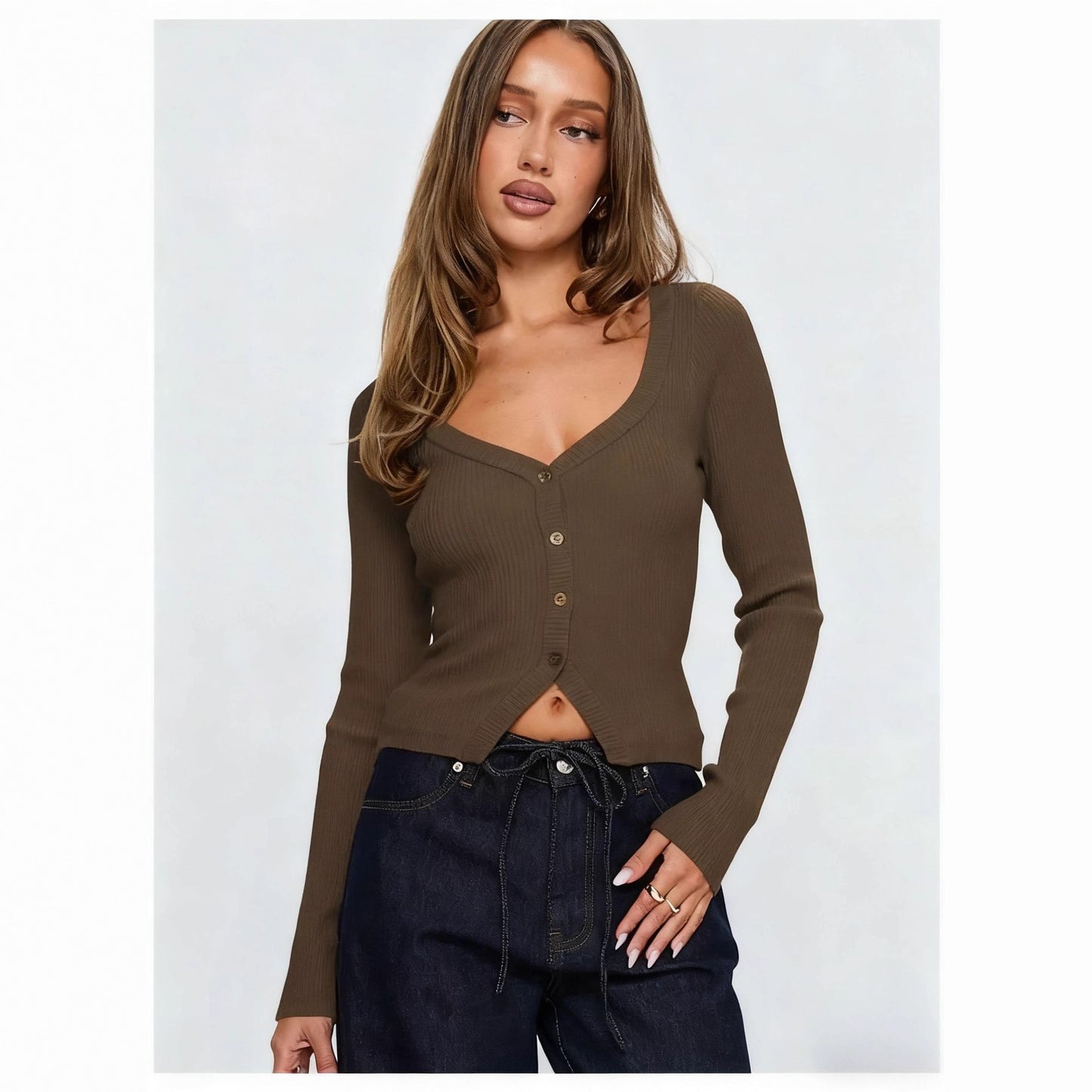 Women's European And American-style Long-sleeved Slim-fit Cropped Knit Top