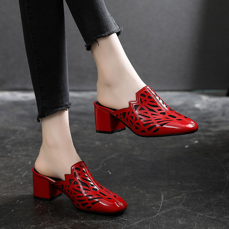 New Hollow Thick Heel Lightweight Half Slippers