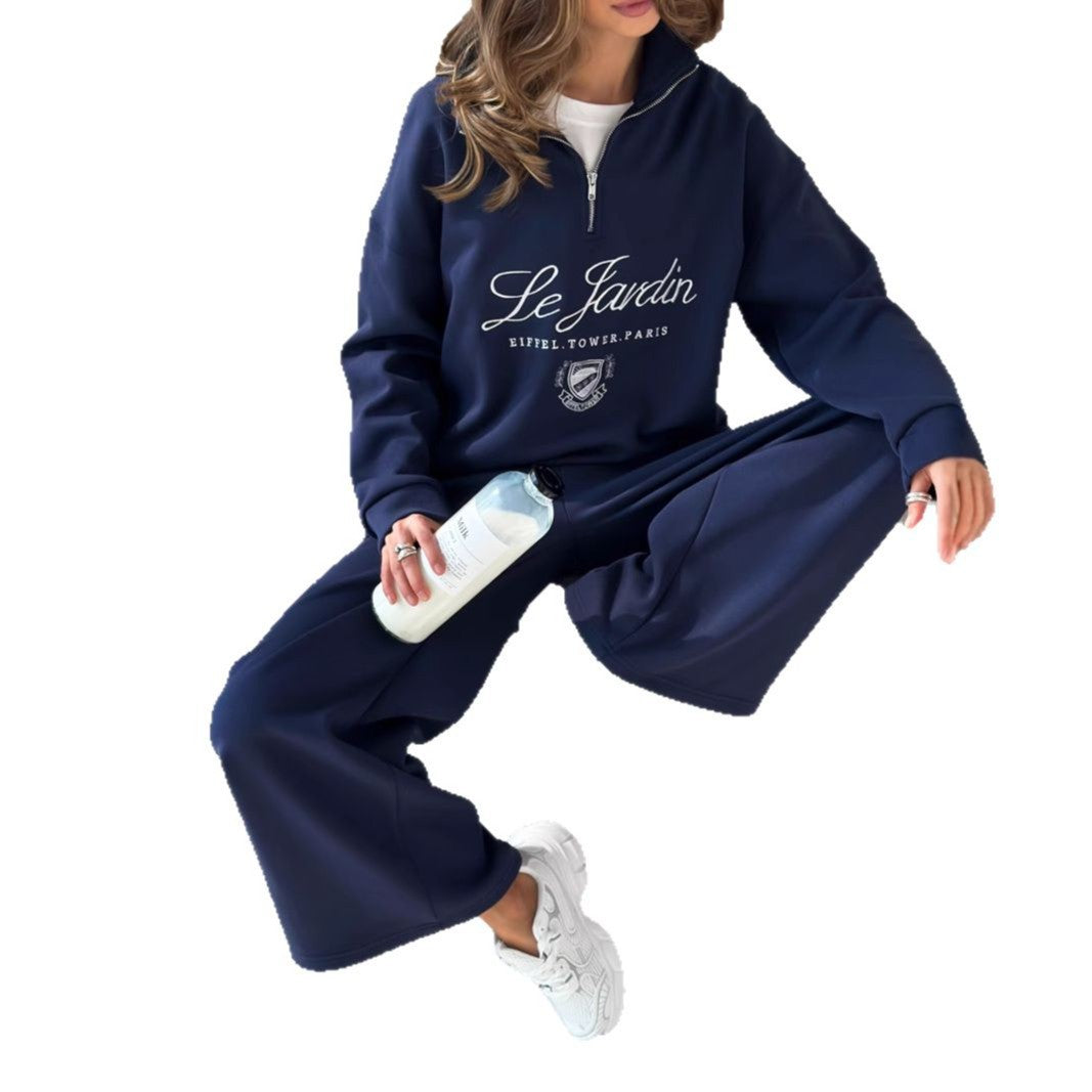 Broderet sweater til kvinder, hvid profilkostume med halv lynlås