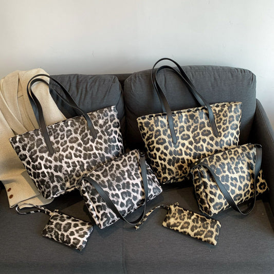 Stor Leopardprint Tote-taske Tre-delt Sæt