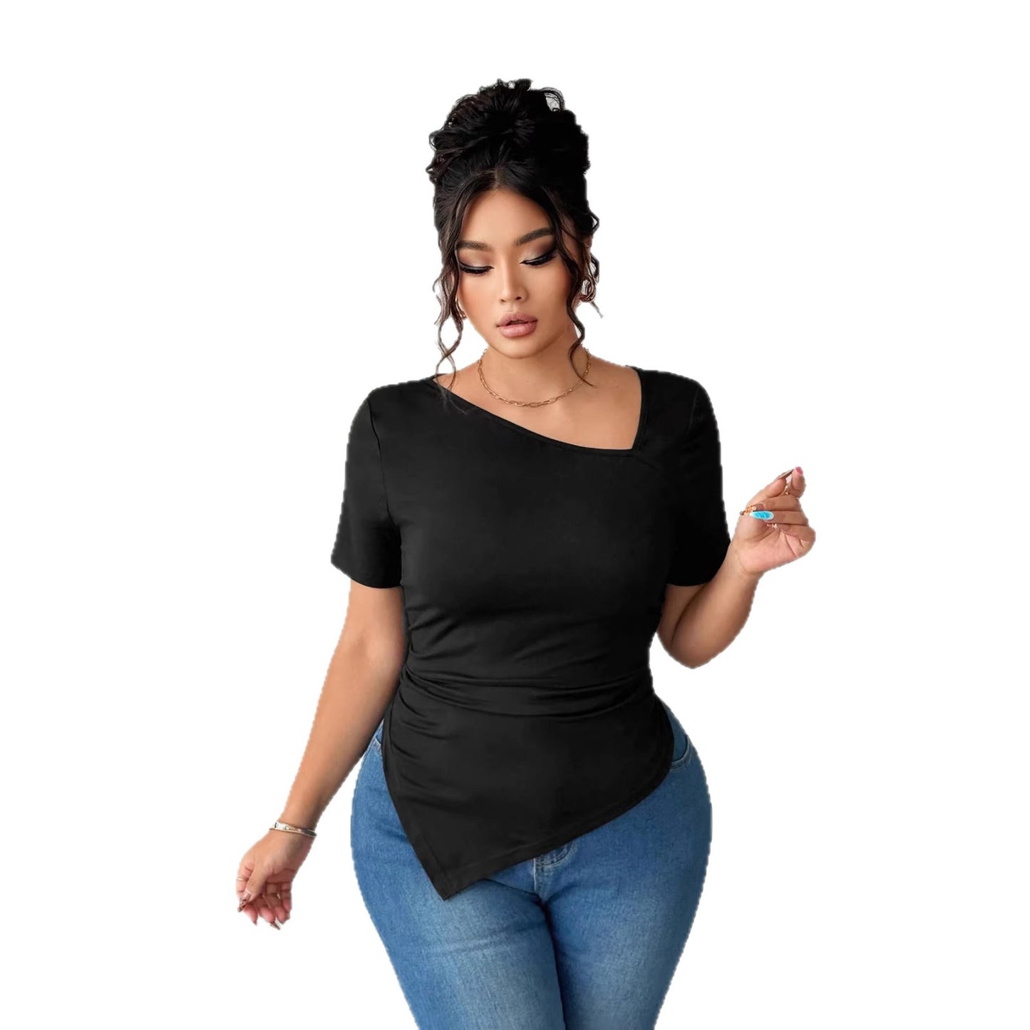 New V-neck Fashionable Loose-fit Slimming Solid-color Short-sleeve T-shirt